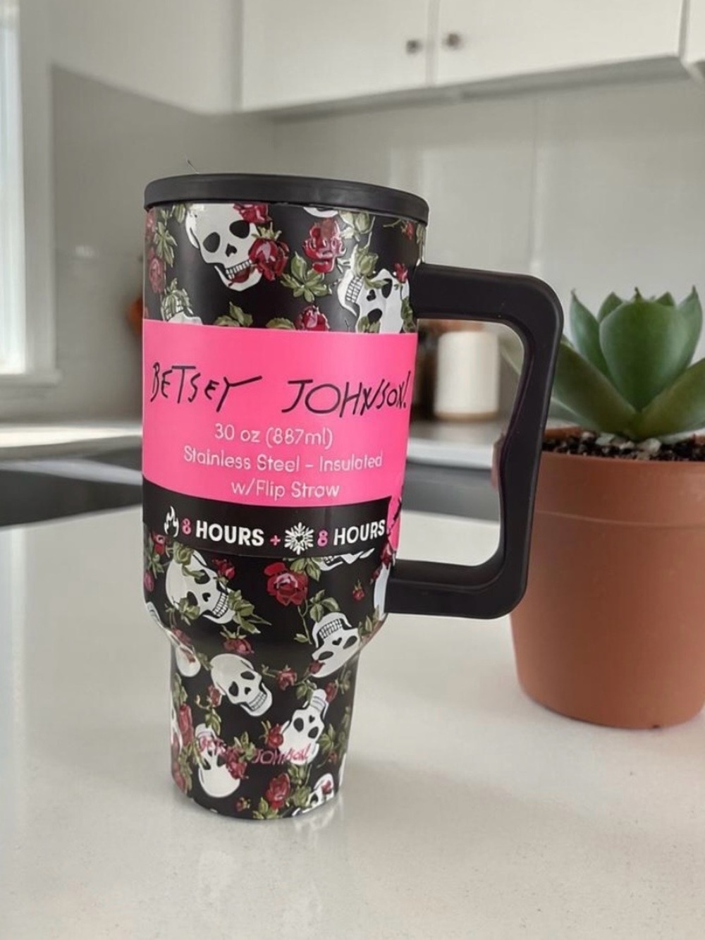 Betsey Johnson Black Skull & Rose Travel Tumbler - 30 oz hot or cold